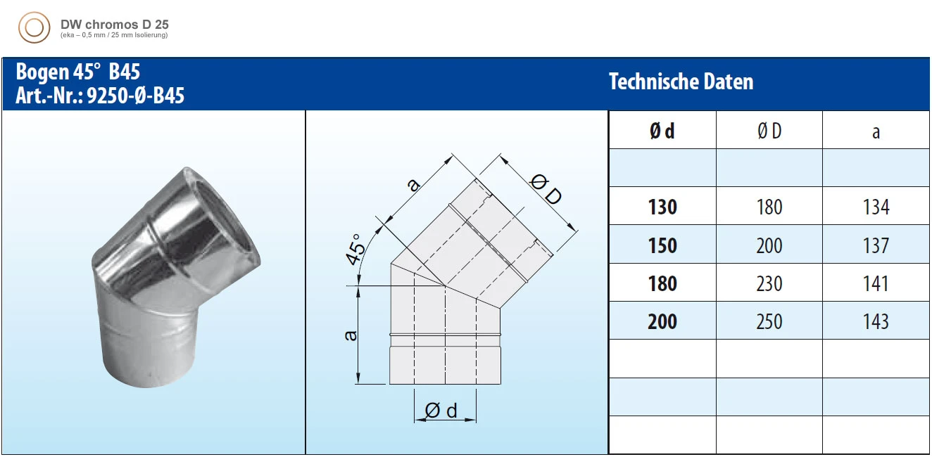 Schornstein Winkel 45° Doppelwandig - Eka Chromos D 25 4 Schornstein Winkel 45° Doppelwandig - Eka Chromos D 25 – Bild 2