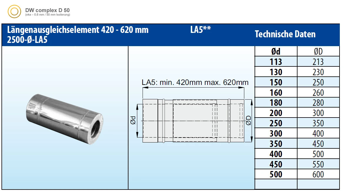 Längenausgleichsrohr 420-620 Mm Doppelwandig - Eka Complex D 50 4 Längenausgleichsrohr 420-620 Mm Doppelwandig - Eka Complex D 50 – Bild 2